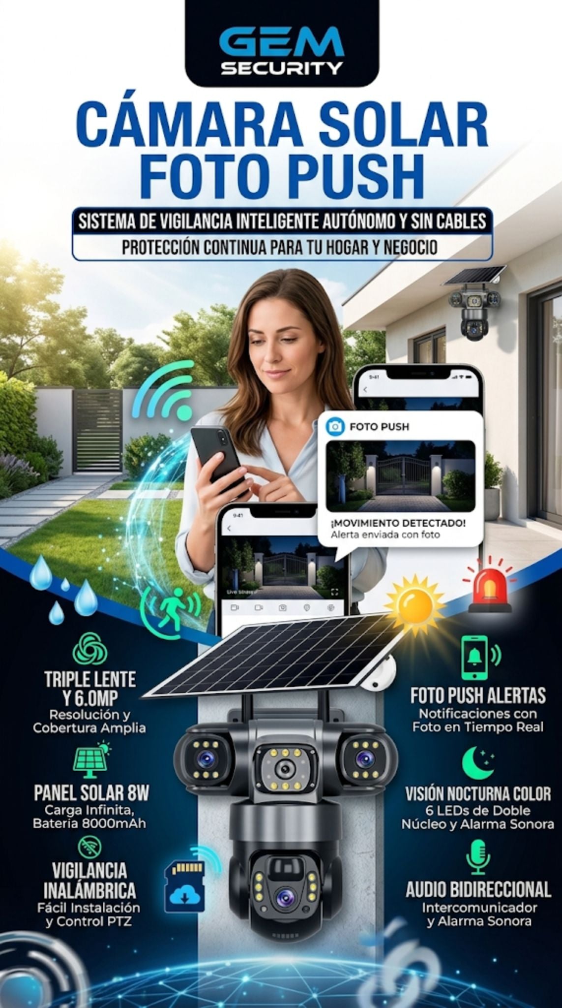 Cámara de Vigilancia Exterior Tres Lentes – Alarma integrada - Panel Solar 🔐